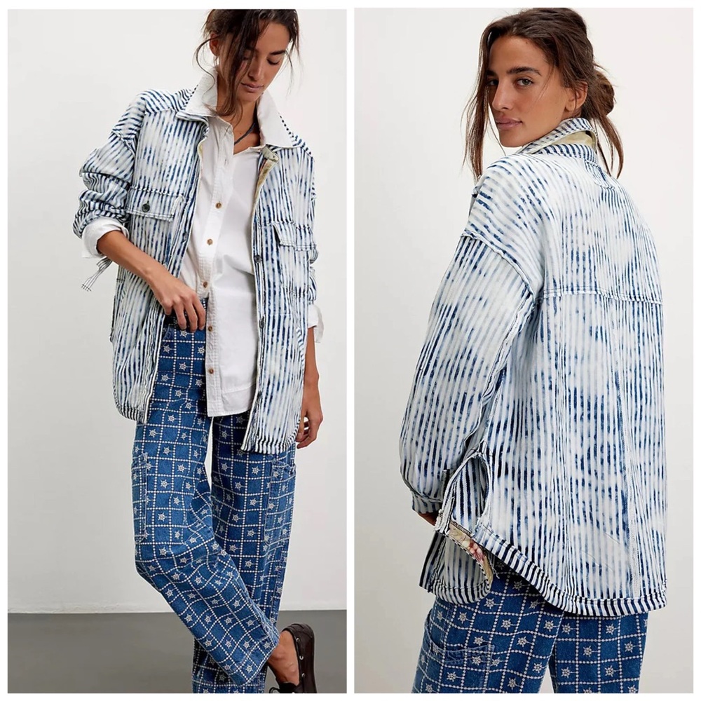 Free People Spring Shore Heavyweight Sweatshirt Striped Blue White Medium